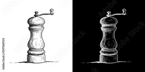 Chalk drawing of a pepper mill, isolated hand-drawn vector image in two design variants - on transparent and black background