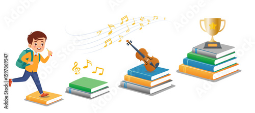 Vector illustration showing a boy's journey in music education, symbolizing learning, practice, and success through books, violin, and a trophy