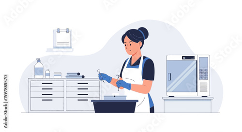 Dental Assistant Preparing Surgical Instruments For Sterilization Process In Clinic