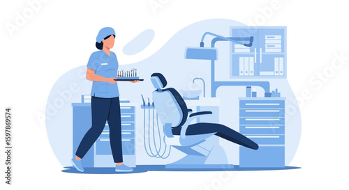 Dental Assistant Preparing Instruments For Examination In Clinic Minimalist Style