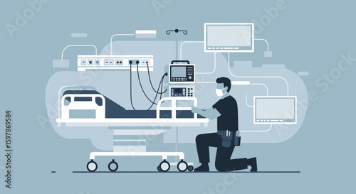 Healthcare Worker Preparing Intensive Care Unit Bed For A Patient Receiving Medical Attention