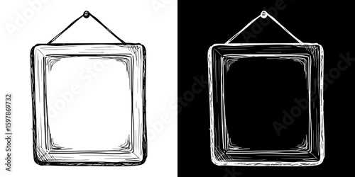 hanging picture frame, isolated hand-drawn vector image in two design variants - on transparent and black background, chalk drawing