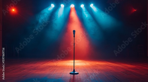 corporate event stage setup with spotlight and microphone, no people, ambitious tone, clean design elements, ultra-detailed, frontal angle