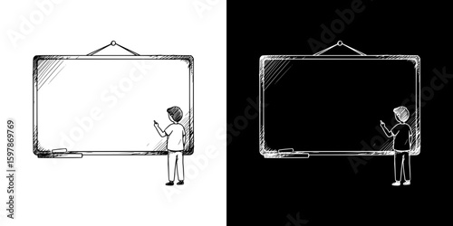 Boy writing with chalk on a board, isolated vector image in two design variants - on transparent and black backgrounds, chalk drawing  