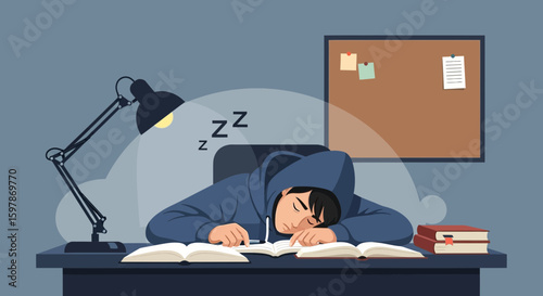 Exhausted Student Sleeping On Desk Surrounded By Books During Late Night Study
