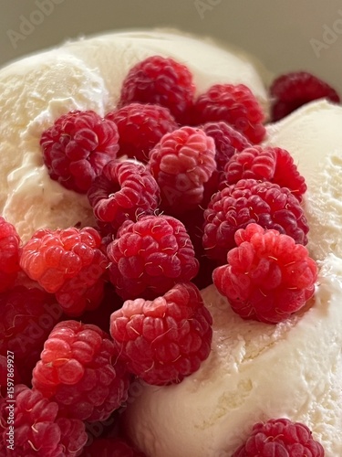 fresh raspberries and vanilla ice cream, summer dessert, close up
