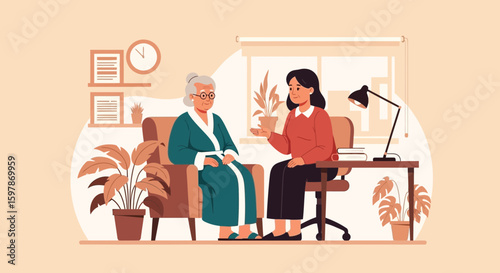 Home Caregiver Discussing Plants With Senior Woman Sitting On A Chair