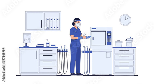 Dental Clinic Sterile Environment With Dentist Preparing Instruments For Treatment