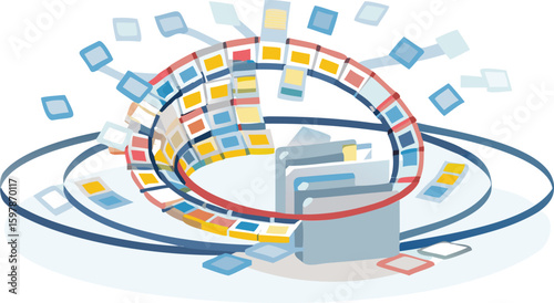 Illustration of data transfer with folders and colorful squares in a circular pattern design concept