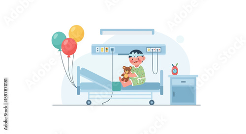 Cheerful Child Recovering In Hospital Bed Surrounded By Balloons And Teddy Bear