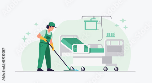 Hospital Cleaning Services Employee Disinfecting Patient Room Floor Carefully