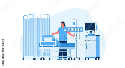 Hospital Staff Preparing a Bed in an Exam Room for a New Patient