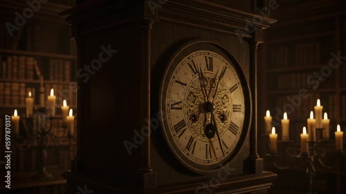  Antique Grandfather Clock with Mysterious Aura Against a Library Backdrop