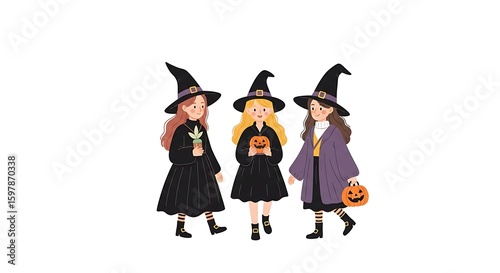 Three young witches in black dresses and hats holding pumpkins and a plant on a white background