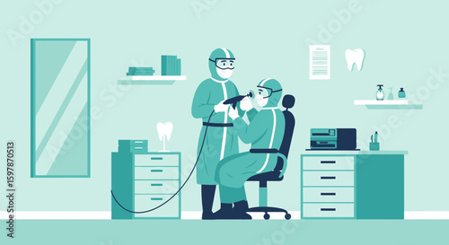 Dental Examination With Full Protective Gear Against Viral Infection Illustration