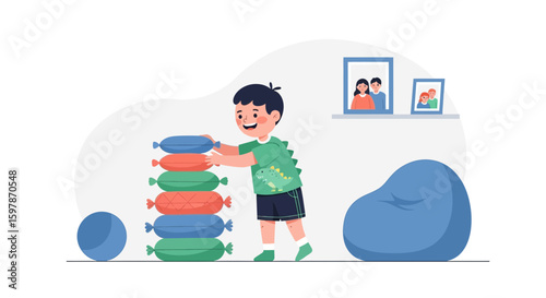 Cheerful Little Boy Stacking Pillows Having Fun At Home In A Bright Playroom