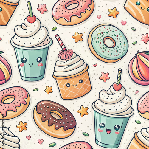 Adorable cartoon donuts, ice cream, and desserts pattern for sweet treat designs
