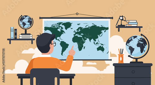 Exploring Global Cartography Instructor Explaining World Geography Map Display Classroom