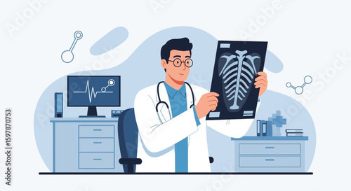 Medical Professional Analyzing Patient X-Ray Image In Doctor's Office Illustration