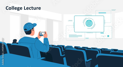 Illustration Of Lecture Hall Scene With Student Taking A Photo Of Screen