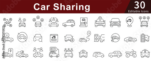 Car Sharing Line Icons Set with Editable Stroke for Ride, Transport, Rental, and Mobility Services
