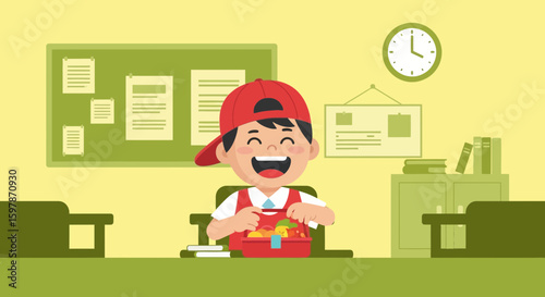 Cheerful Schoolboy Excitedly Opens His Lunchbox In Classroom Setting Illustration