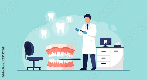 Dental Professional Examining Jaw Model In Modern Clinic Setting Concept