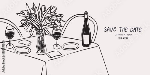 Romantic dinner poster, banner or placard. Wine and flowers bouquet drawing for wedding invitations, cafe menus and parties. Served table for two, couples, lovers in restaurant or home in ink style.