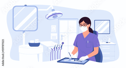 Dental Professional Preparing Tools In Clinic For Examination, Dental Healthcare