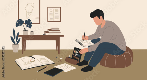 Illustrative Young Man Sketching In His Apartment On A Pouf Surrounded By His Art Supplies