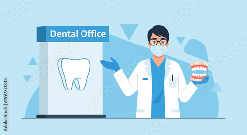 Dental Professional Presenting Dentures In Modern Office Setting Background
