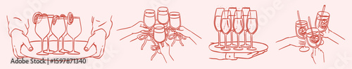 Hands hold glasses with alcoholic or non alcoholic cocktail. Cheers vector illustration for greeting card, postcard, wedding invitation, menu design. Line drawing of people celebrating and drinking.