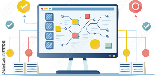 Computer screen displaying a network diagram with connected data points and validation indicators