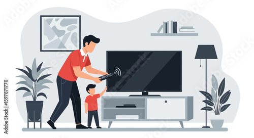 Father And Son Watching Tv Together In Living Room At Home Illustration
