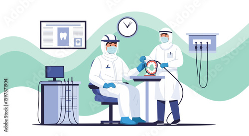 Dentist And Assistant In Protective Suits Examines Teeth During Pandemic