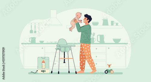 Father Enjoys Quality Time With His Adorable Baby In Minimalist Kitchen Setting