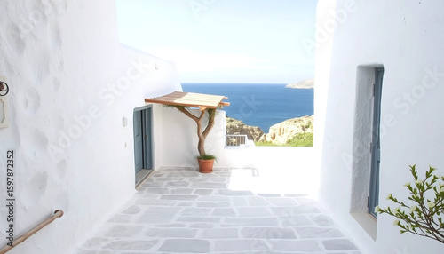 A small retreat nestled in chalk-white cliffs, its inner courtyard open to the sea breeze and layered with smooth flagstones.

