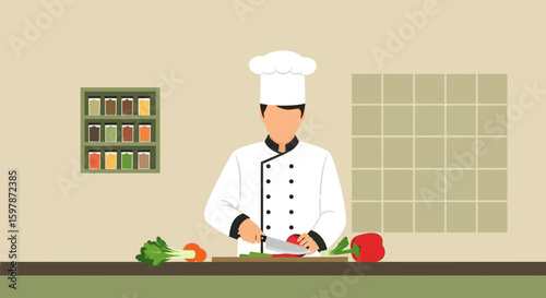 Chef Preparing Fresh Vegetables In Kitchen For Culinary Masterpiece Illustration