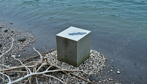 A minimalist stone cube perched where a river meets the sea, surrounded by bleached branches, shell grit, and tidal marks.

