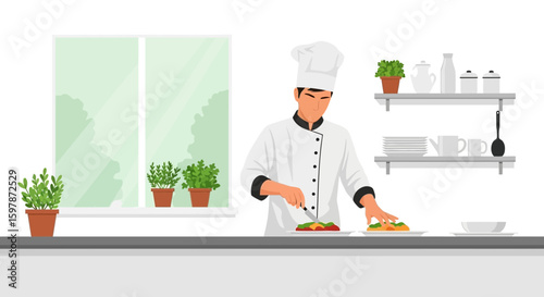 Chef Preparing Gourmet Dishes In A Modern Restaurant Kitchen Environment