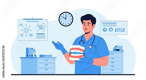 Dentist Explaining Dental Hygiene With Model Of Teeth In Office