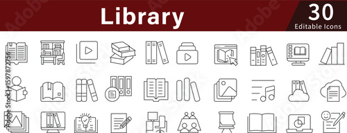 Library Line Icons Set with Editable Stroke for Books, Education, Reading, and Academic Resources