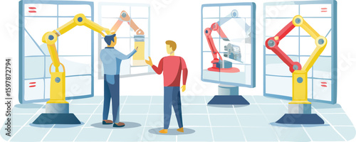 Two people observing robotic arms displayed in glass frames in a modern showroom setting today