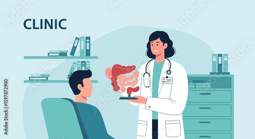 Female Doctor Explaining Digestive System To Patient In Office Illustration Design