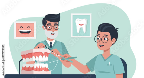 Dentist Explaining Proper Flossing Technique With Model and Happy Patient Dental Care