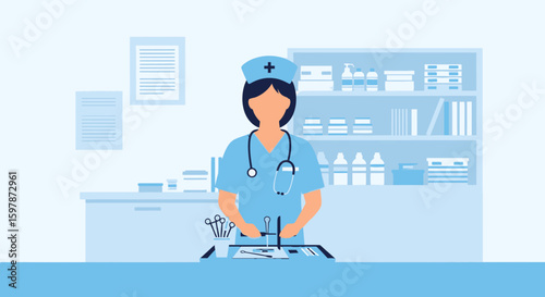 Female Doctor In Her Office Prepares Medical Instruments For Surgery Profession