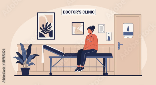Female Doctor Resting On Examination Table Inside Doctor’s Clinic Waiting For Patient