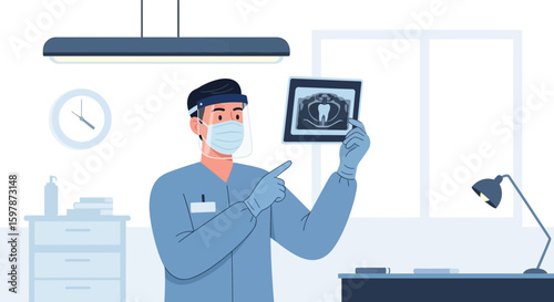 Dentist Inspecting Dental Xray For Diagnosis With Protective Gear In The Office
