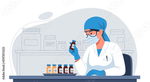 Female Laboratory Researcher Examining Medicine Vials At Her Workplace