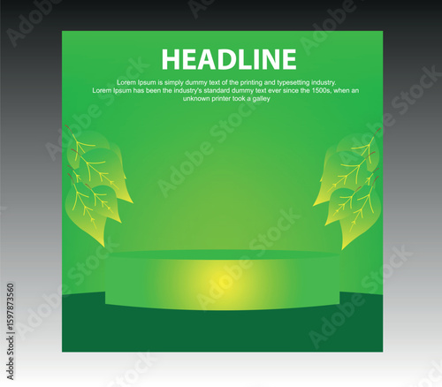 Editable green eco social media post template with decorative leaves and podium for product display or promotional design. EPS vector background ideal for ads, banners, and marketing